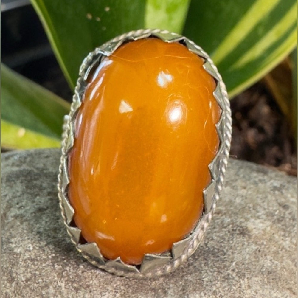 Silver Rustic Amber Ring - image 1
